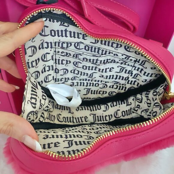 Juicy Couture Faux Fur Pink Heart Crossbody Bag & Black Card Case Wallet Set New - Picture 7 of 8